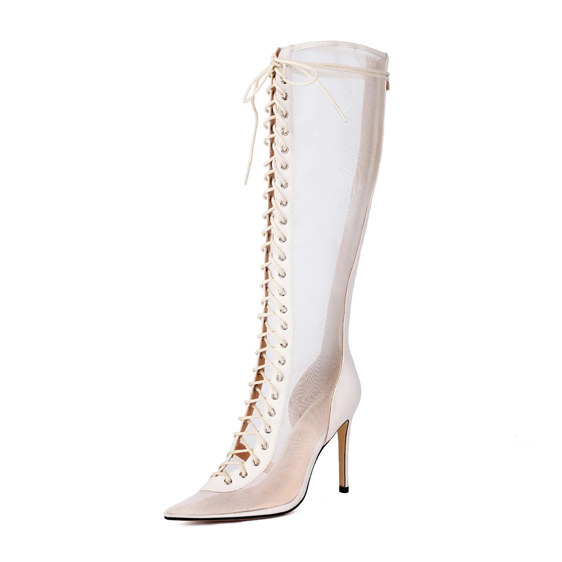 White lace-up knee-high boot