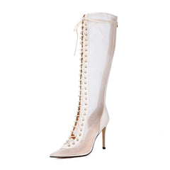 White lace-up knee-high boot