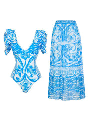 One-Shoulder Swimsuit with Oversized Flower Detail and Matching Printed Sarong Set