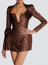 Fitted polka dot ruched draped v-neck long sleeve mini dress in brown
