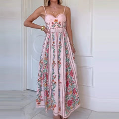 Woman wearing a floral dress with a white door in the background