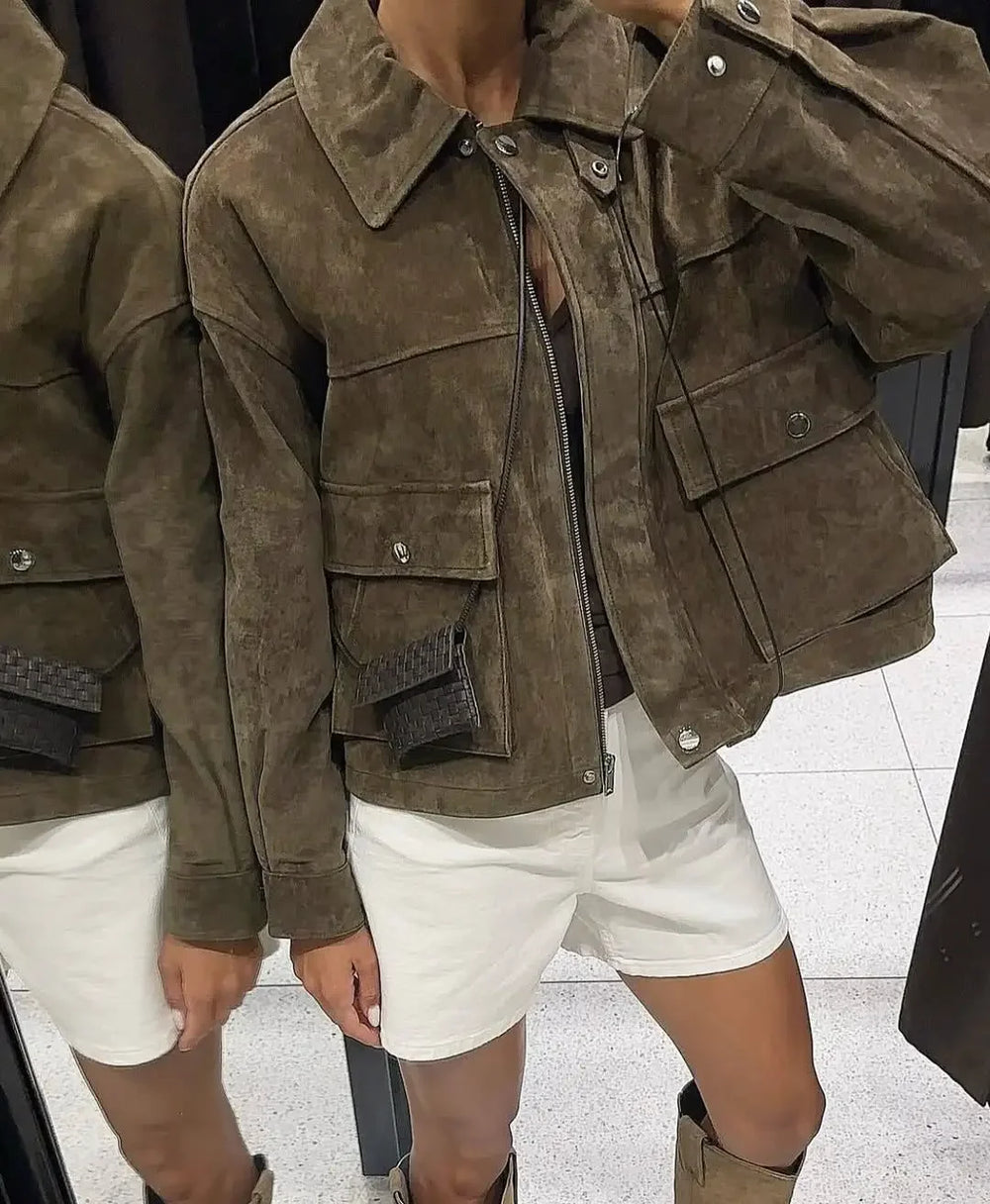 Faux leather patch pocket bomber jacket