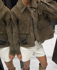Faux leather patch pocket bomber jacket