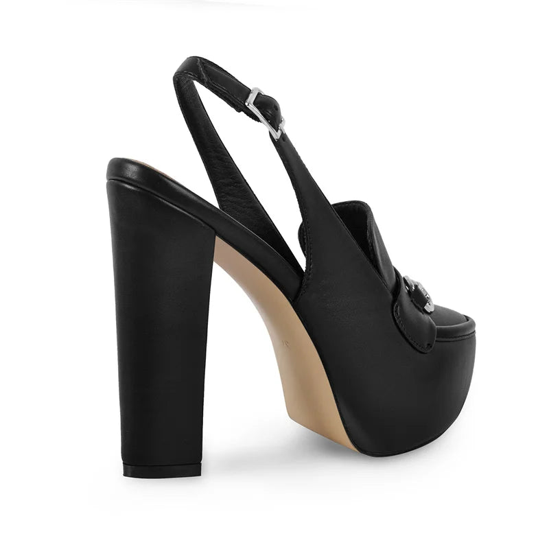 Rear angle view of black platform slingback block heel sandals