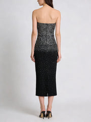 Black Strapless Gradient Sequin Beaded Midi Dress