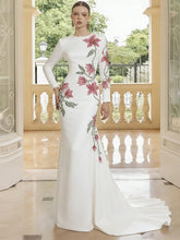 White long sleeve gown with pink floral beading