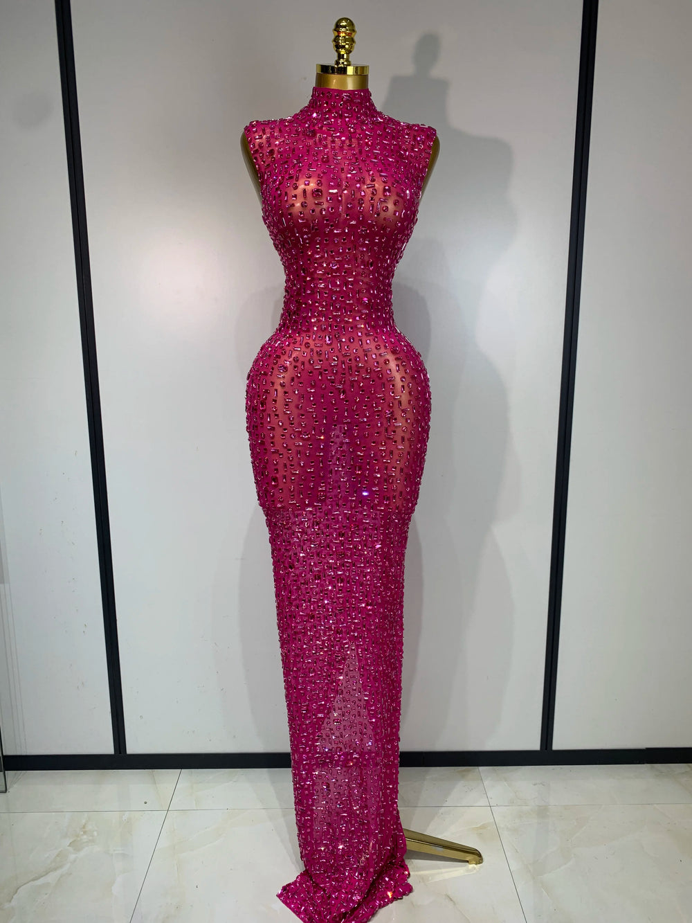 Pink rhinestone embellished high neck sleeveless maxi dress