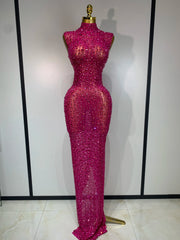 Pink rhinestone embellished high neck sleeveless maxi dress