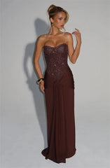 strapless sequin maxi dress with draped detailing