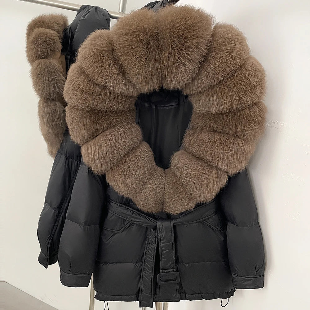 Black puffer jacket with brown fur collar