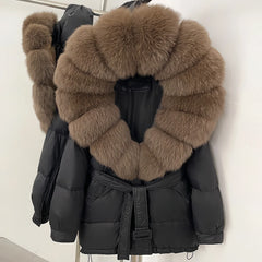 Black puffer jacket with brown fur collar
