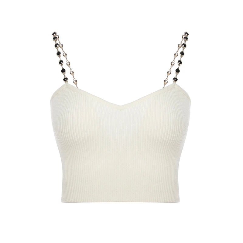White ribbed crop top with beaded straps