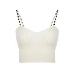 White ribbed crop top with beaded straps