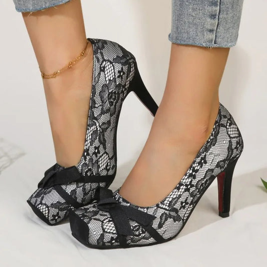 Lace bow square toe high heels on model