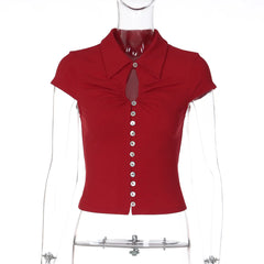 Collared Button-Front Cutout Knit Top