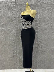 Black diamond flower two-piece bodycon long dress.