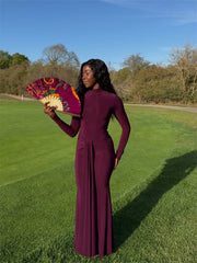 Long Sleeve Turtleneck Drape Tie Up Waist Detail Maxi Dress