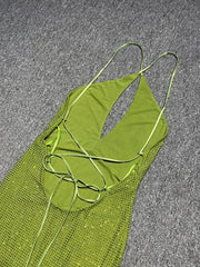 Green Rhinestone Halter Neck Maxi Dress