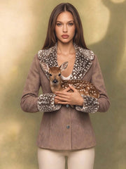 Deer Fur Trim Turn Down Collar Two Button Jacket