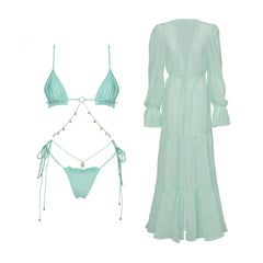 Mint green bikini with gold chain detailing and matching floor-length cover-up