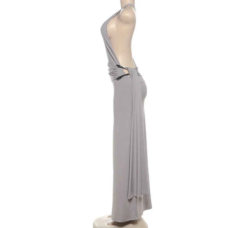 Gray halter neck dress on a mannequin against a white background