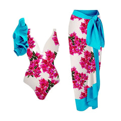 V-Neck Tie-Strap Swimsuit and Wrap Skirt Set