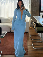 Plunge Neck Ruched Maxi Dress