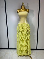 Strapless sequin bodice ruffled chiffon floor-length dress