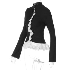 Ribbed Lace Trim Mock Neck Top