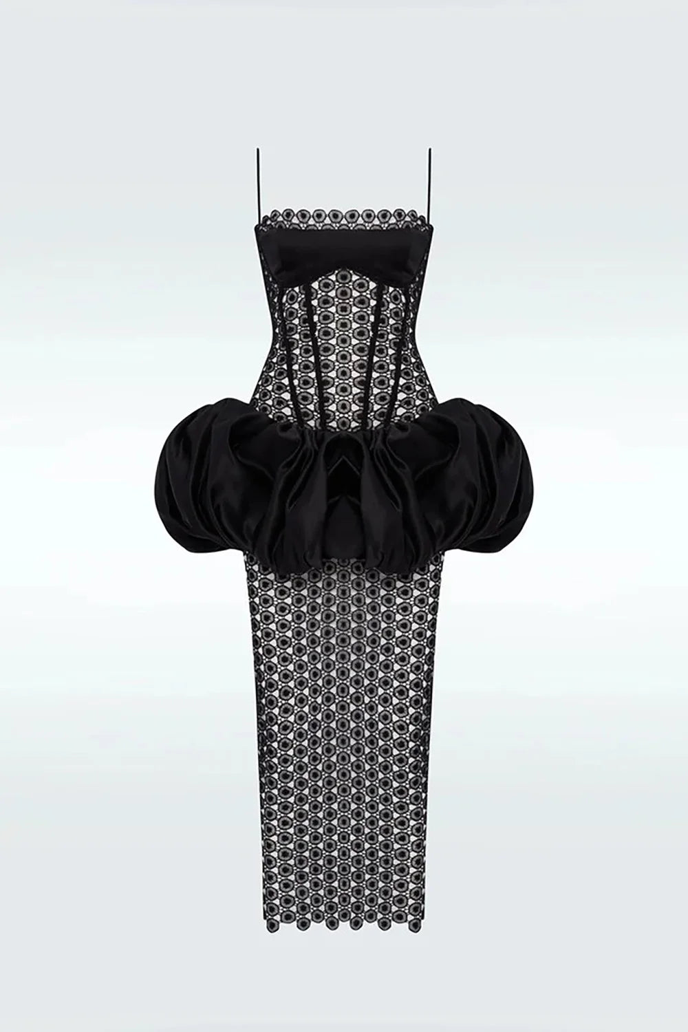 Full view of geometric lace bodycon midi dress with puffed skirt