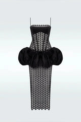 Full view of geometric lace bodycon midi dress with puffed skirt