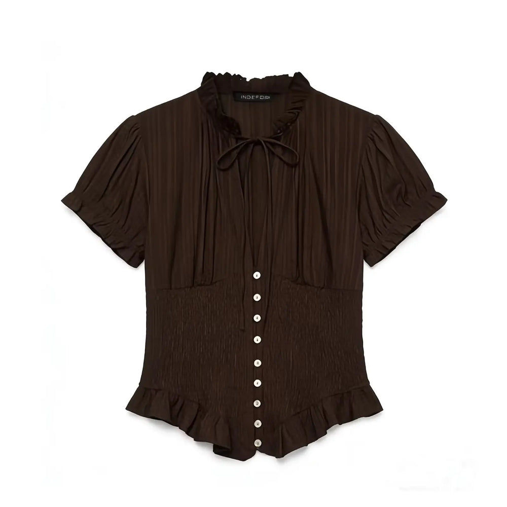 Brown blouse with ruffled sleeves and buttons on a white background