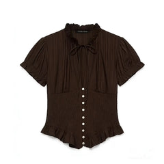 Brown blouse with ruffled sleeves and buttons on a white background