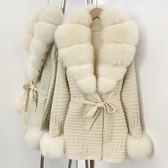 Cream knit cardigan with white fur trim and belt