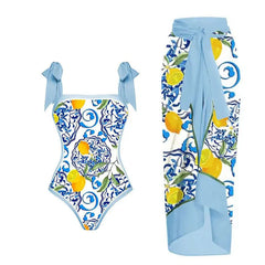 V-Neck Tie-Strap Swimsuit and Wrap Skirt Set