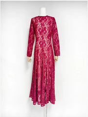 Fuchsia long sleeve lace embellished maxi dress on mannequin