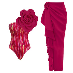V-Neck Tie-Strap Swimsuit and Wrap Skirt Set