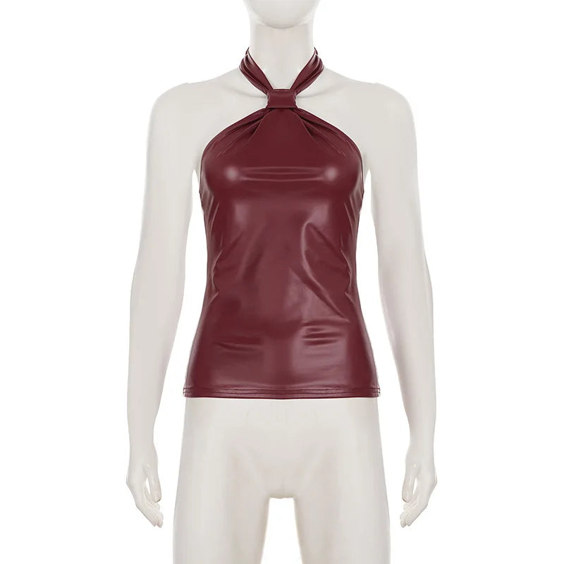Maroon halter top on a mannequin against a white background