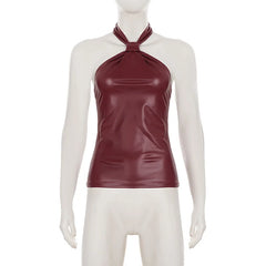 Maroon halter top on a mannequin against a white background