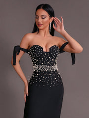 Women's Black Open Shoulder Pearl Tight Long Dress