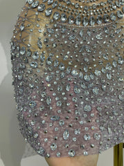 Sparkling Rhinestone Halter Mesh See-Through Mini Dress