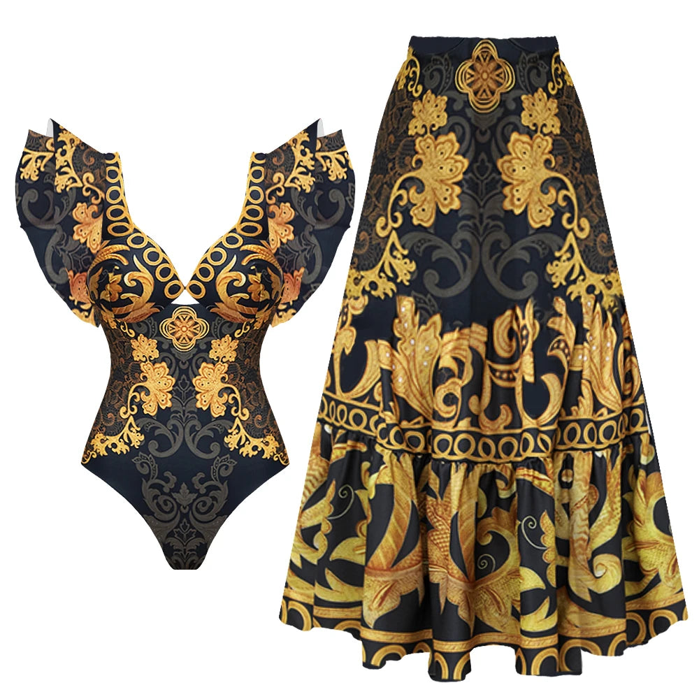 Medallion print one-piece swimsuit with ruffled sleeves and a matching high-waisted maxi skirt.