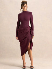 Long Sleeve Ruched Draped Midi Dress