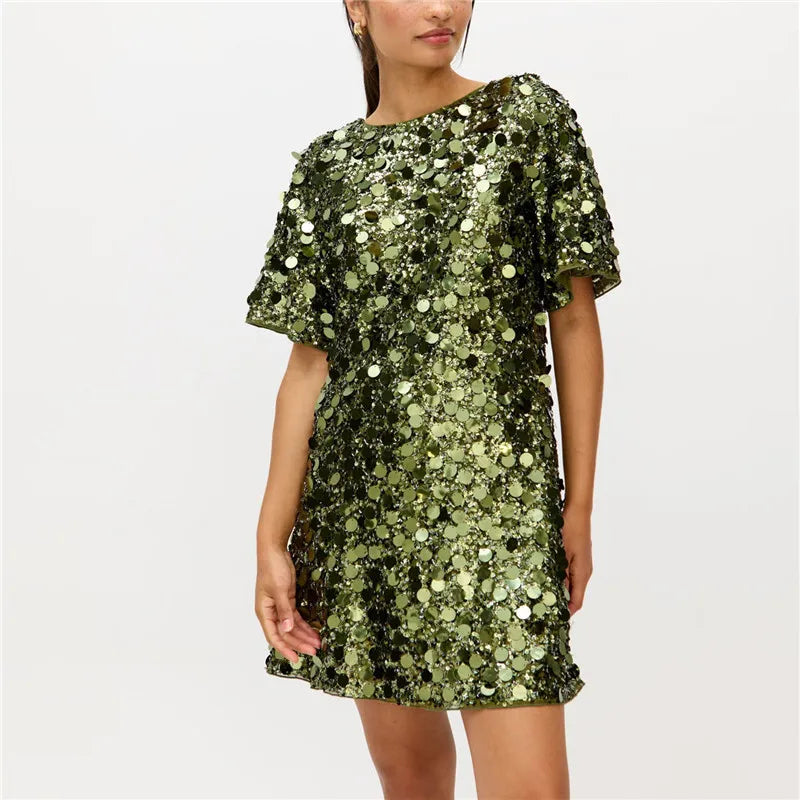 Green sparkly sequins round neck mini dress