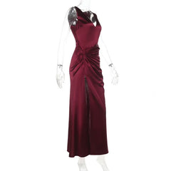 Maroon evening gown on a white background