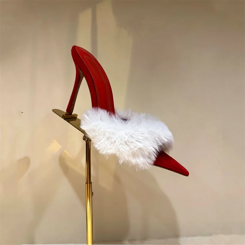 Mule heel with red upper and white fur trim