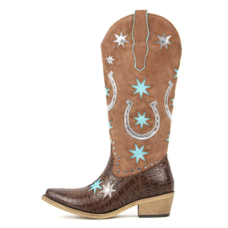 Brown cowboy boot with star and horseshoe designs on a white background