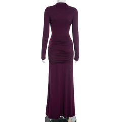 Draped Ruched Front Hollow Out Long Sleeve Maxi Dress