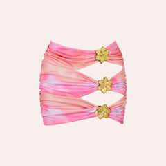 One-Piece Cut Out Swimsuit and Skirt Set with Gold Flower Accents