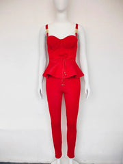 Red outfit on a mannequin against a white background